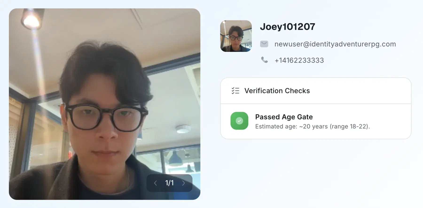 deepidv player onboarding — live selfie with AI age-estimation verification passing the 18+ gate