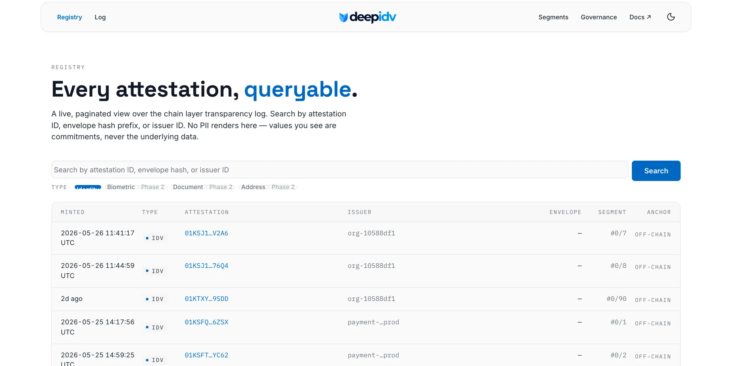 deepidv public transparency log showing live, queryable verification attestations