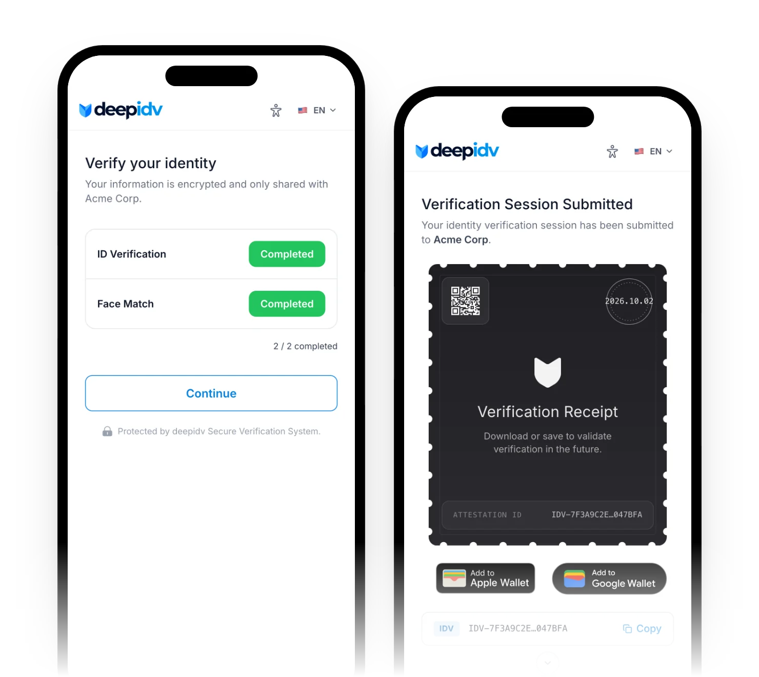 Two phones showing deepidv verification: a completed ID and face check, and the signed verification receipt with its attestation ID
