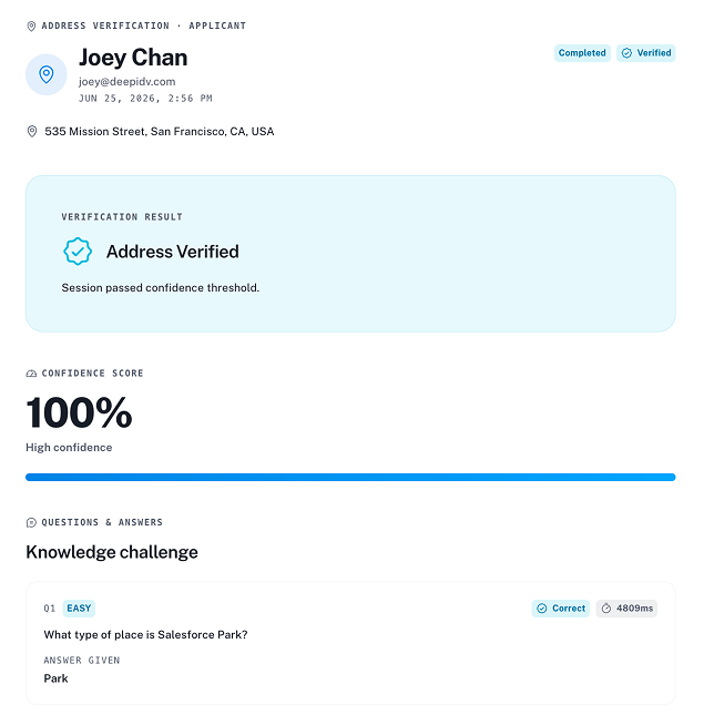 Address verification result